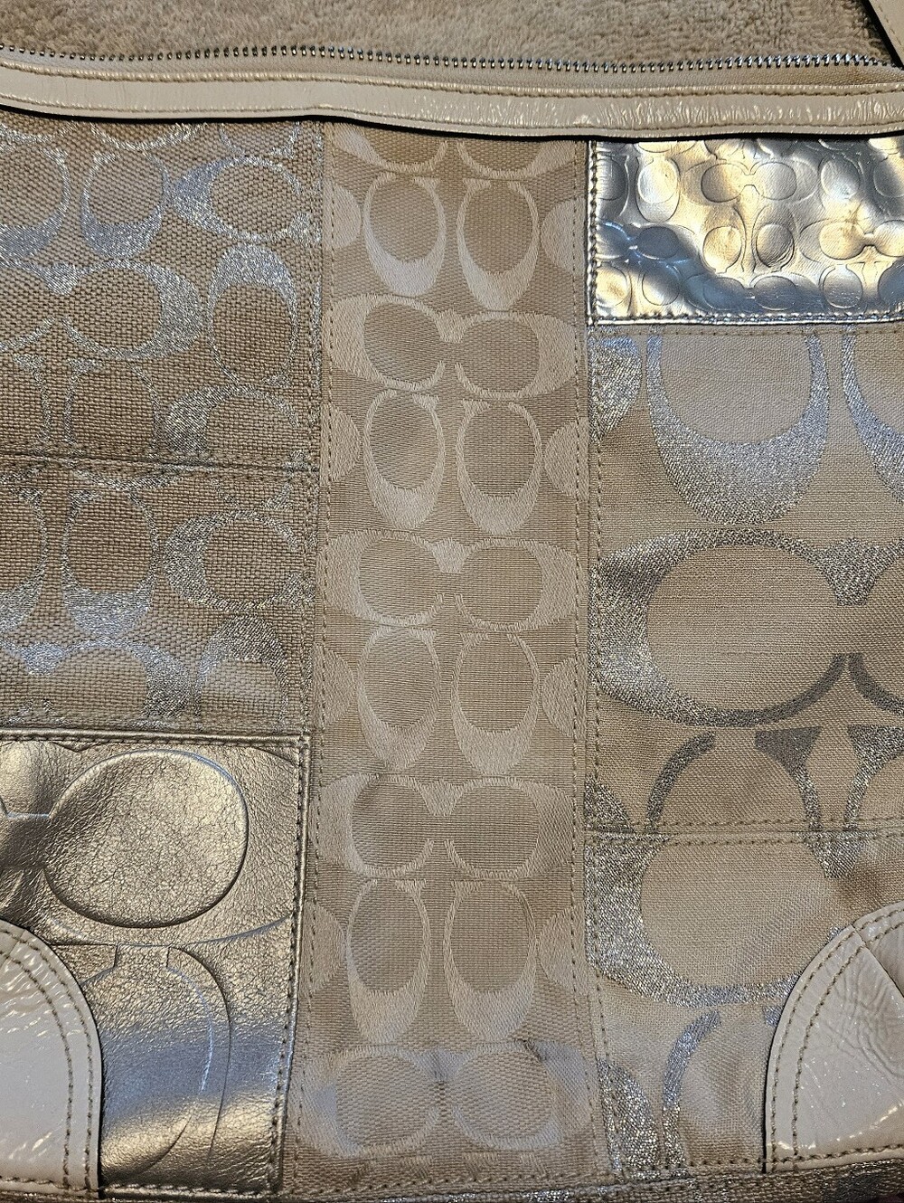 Y2K Coach Patchwork Logo Bag in Metallic Silver/White Style 13496